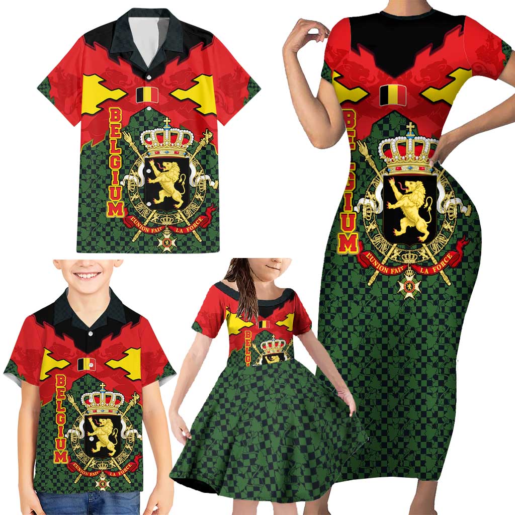 Belgium Family Matching Short Sleeve Bodycon Dress and Hawaiian Shirt with Royal Coat of Arms Crown Lion Red Green Checker Spirit