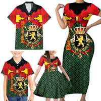 Belgium Family Matching Short Sleeve Bodycon Dress and Hawaiian Shirt with Royal Coat of Arms Crown Lion Red Green Checker Spirit