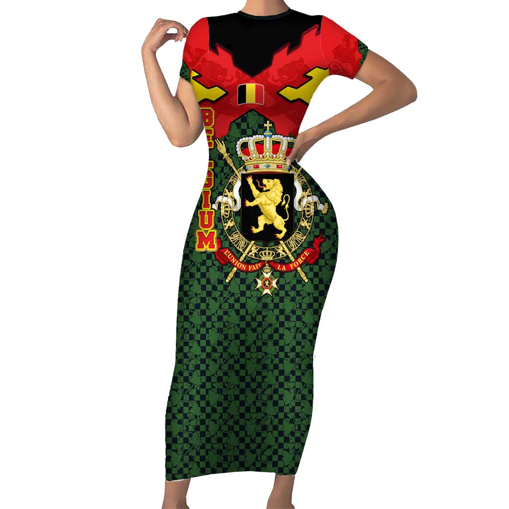 Belgium Family Matching Short Sleeve Bodycon Dress and Hawaiian Shirt with Royal Coat of Arms Crown Lion Red Green Checker Spirit