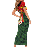 Belgium Family Matching Short Sleeve Bodycon Dress and Hawaiian Shirt with Royal Coat of Arms Crown Lion Red Green Checker Spirit