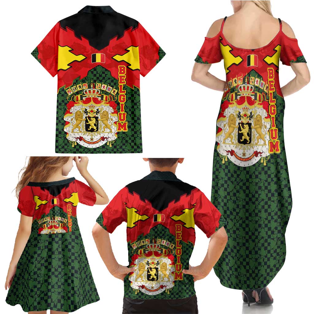 Belgium Family Matching Summer Maxi Dress and Hawaiian Shirt with Royal Coat of Arms Crown Lion Red Green Checker Spirit