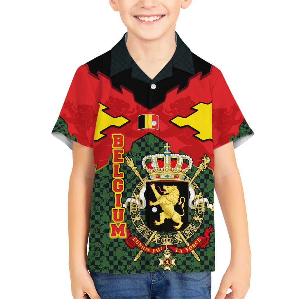 Belgium Family Matching Summer Maxi Dress and Hawaiian Shirt with Royal Coat of Arms Crown Lion Red Green Checker Spirit