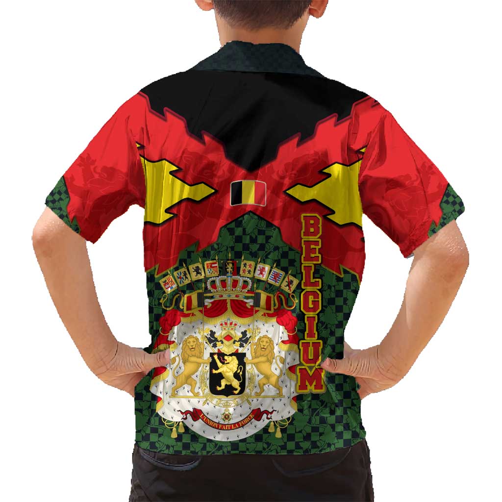 Belgium Family Matching Tank Maxi Dress and Hawaiian Shirt with Royal Coat of Arms Crown Lion Red Green Checker Spirit