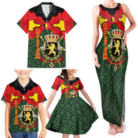Belgium Family Matching Tank Maxi Dress and Hawaiian Shirt with Royal Coat of Arms Crown Lion Red Green Checker Spirit