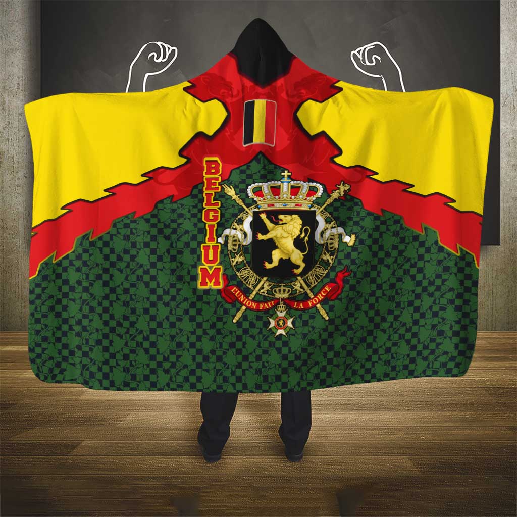 Belgium Hooded Blanket with Royal Coat of Arms Crown Lion Red Green Checker Spirit