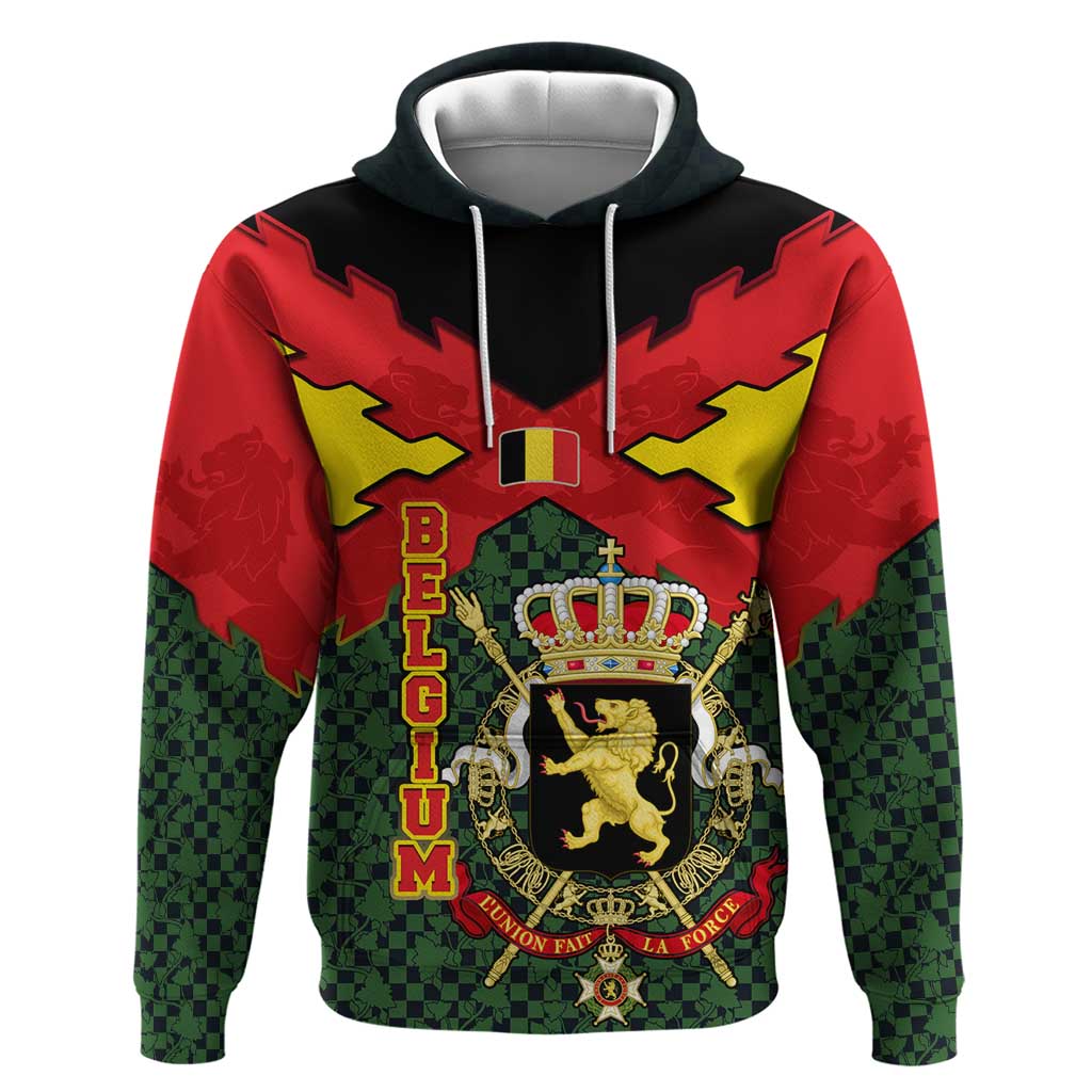 Belgium Hoodie with Royal Coat of Arms Crown Lion Red Green Checker Spirit