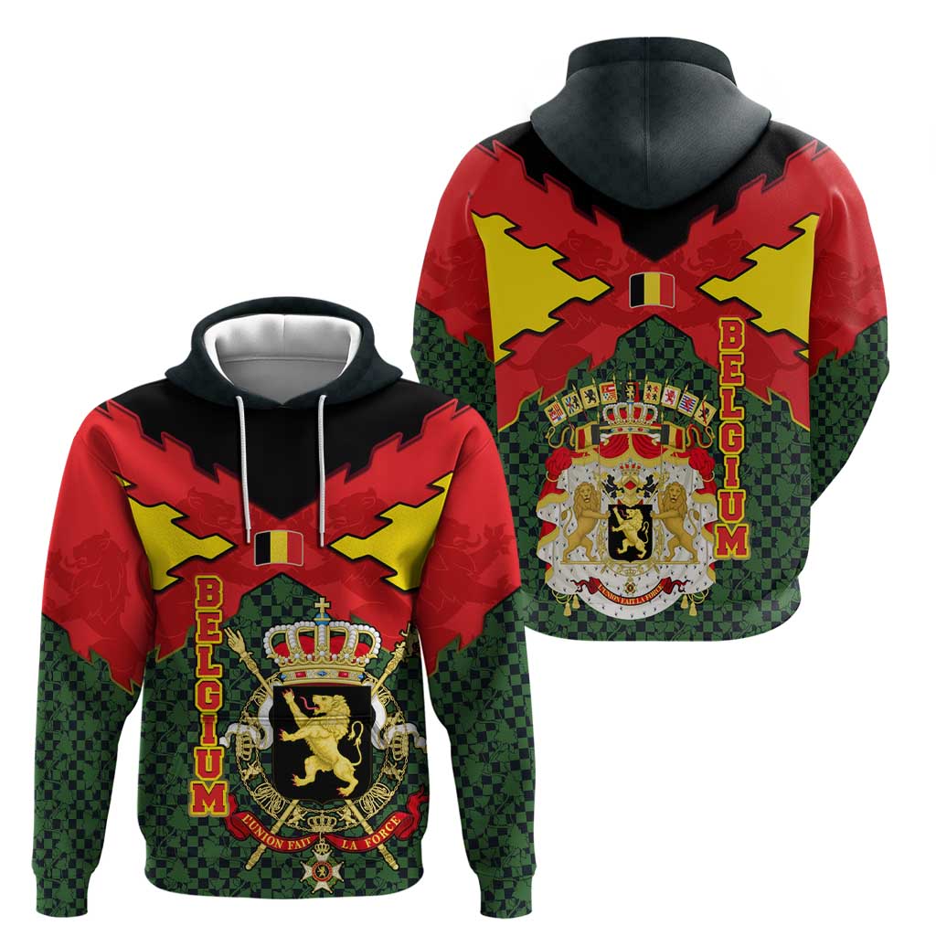 Belgium Hoodie with Royal Coat of Arms Crown Lion Red Green Checker Spirit