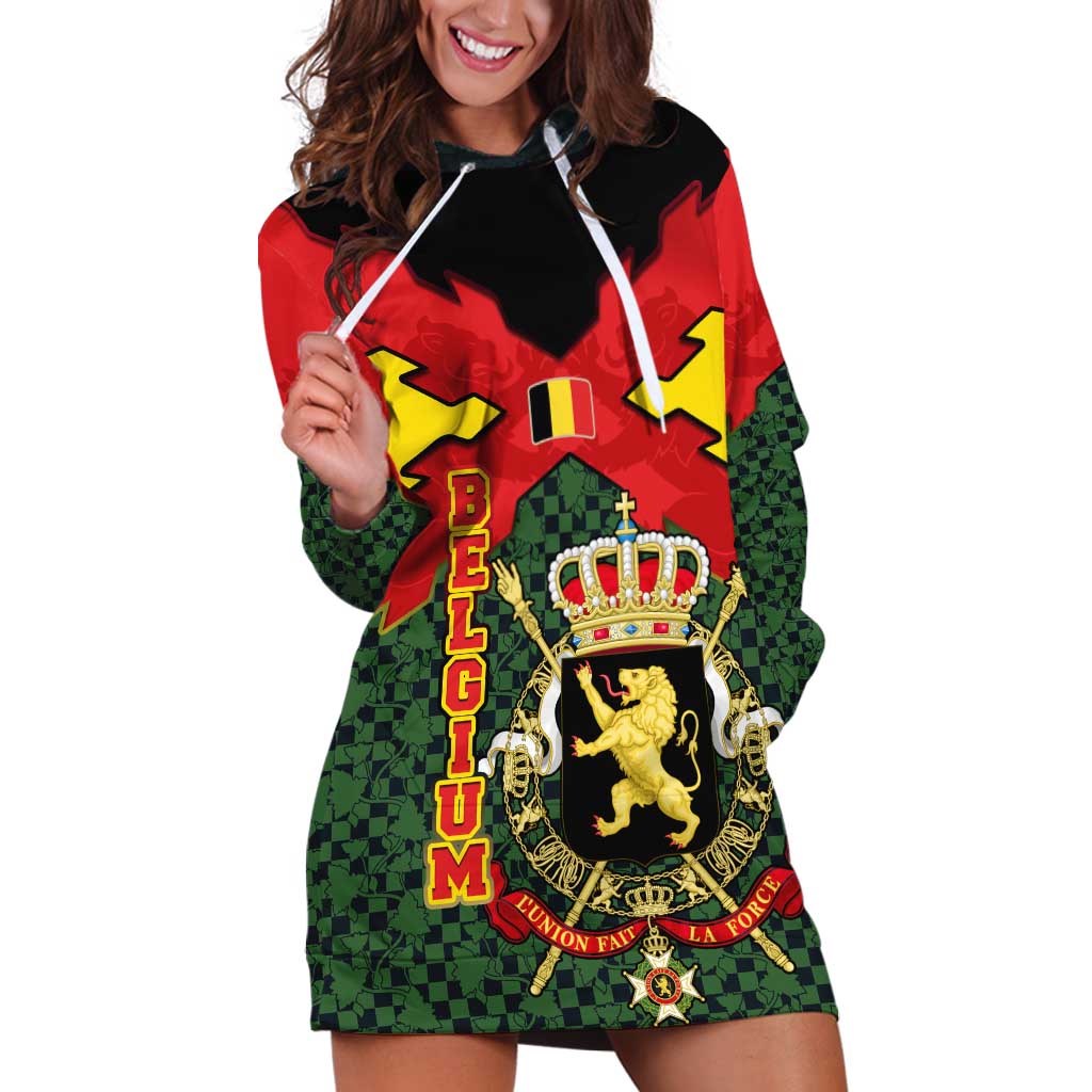 Belgium Hoodie Dress with Royal Coat of Arms Crown Lion Red Green Checker Spirit