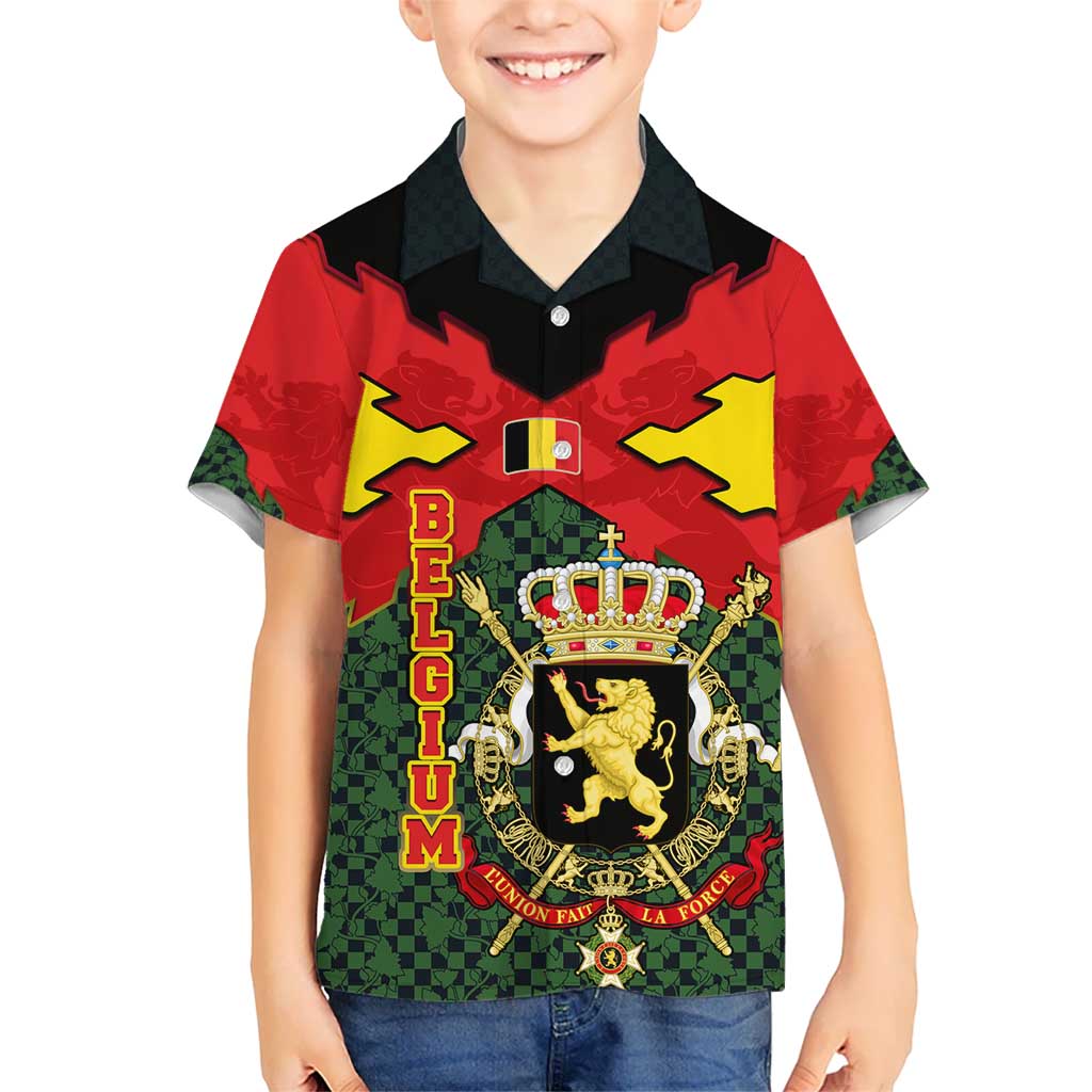 Belgium Kid Hawaiian Shirt with Royal Coat of Arms Crown Lion Red Green Checker Spirit
