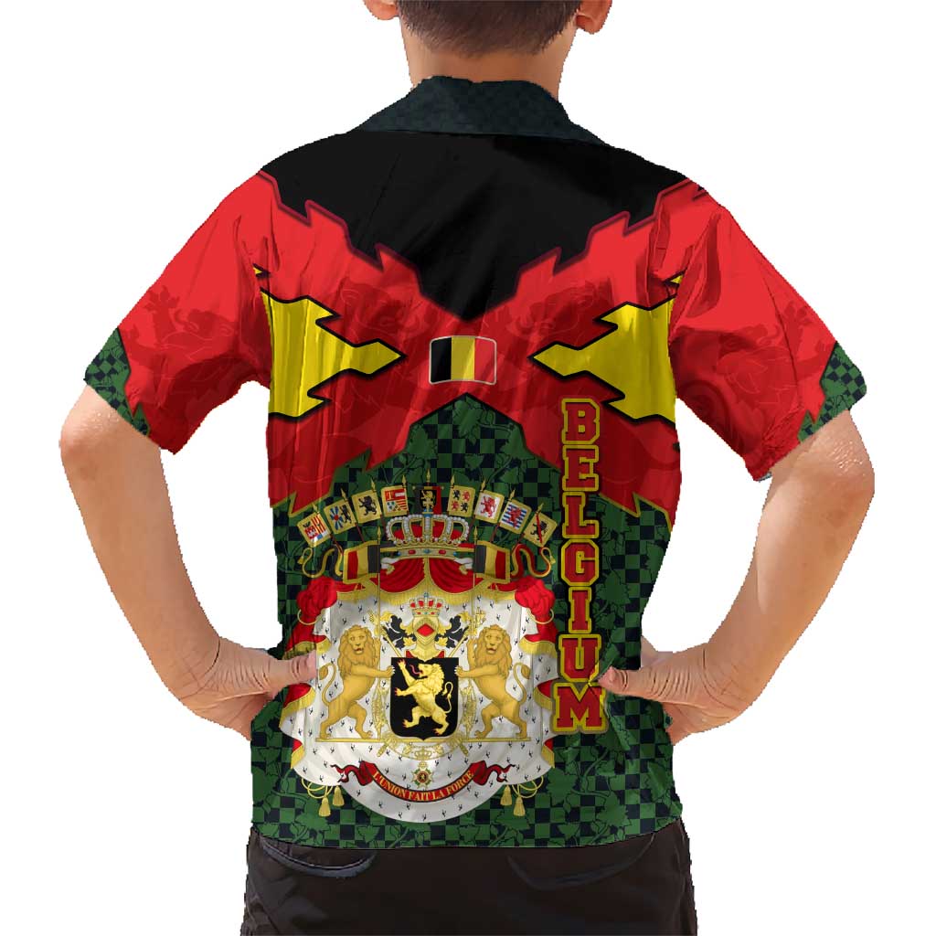 Belgium Kid Hawaiian Shirt with Royal Coat of Arms Crown Lion Red Green Checker Spirit