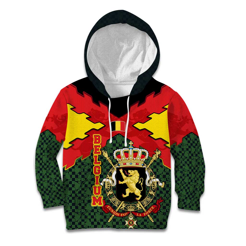 Belgium Kid Hoodie with Royal Coat of Arms Crown Lion Red Green Checker Spirit