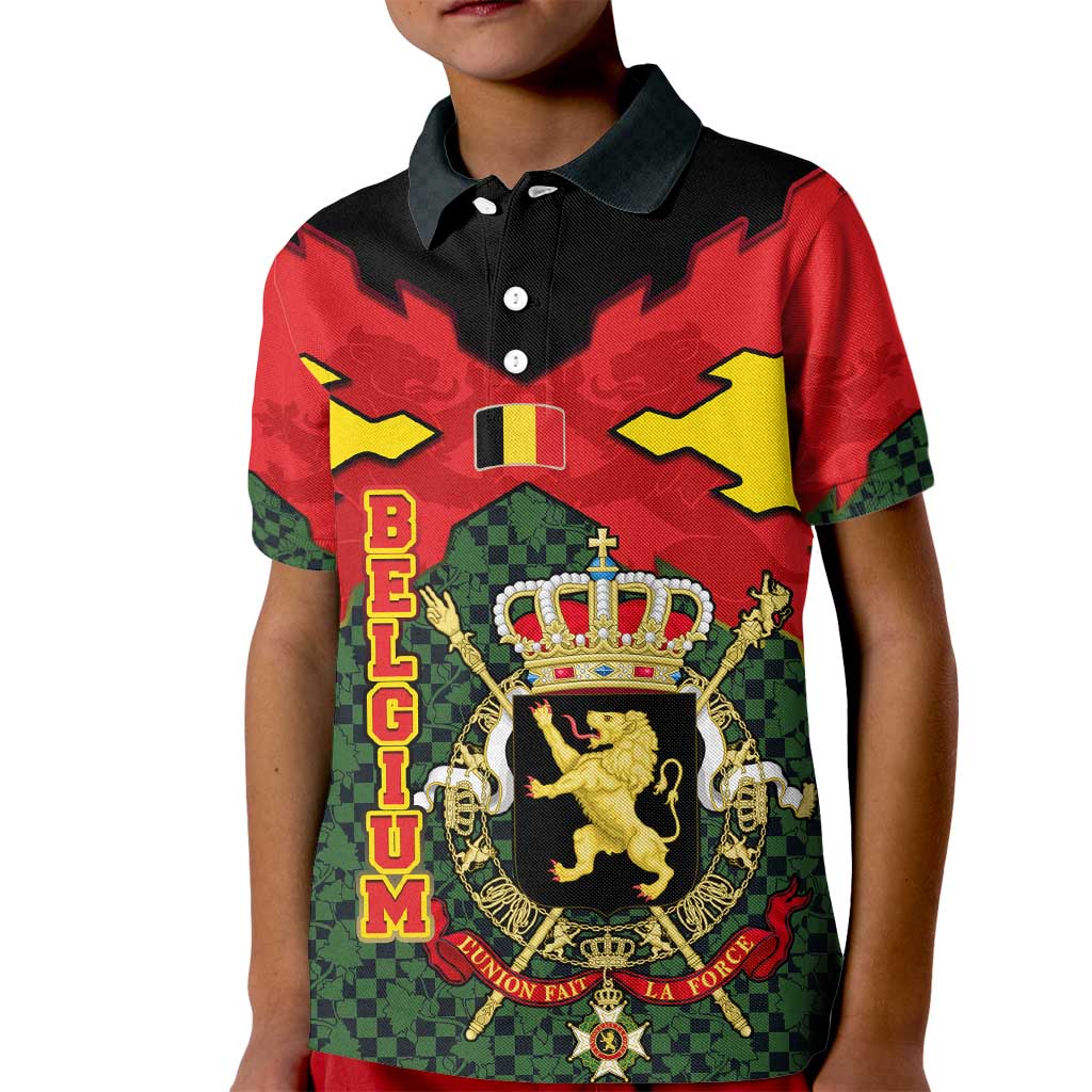 Belgium Kid Polo Shirt with Royal Coat of Arms Crown Lion Red Green Checker Spirit