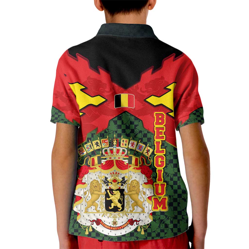 Belgium Kid Polo Shirt with Royal Coat of Arms Crown Lion Red Green Checker Spirit