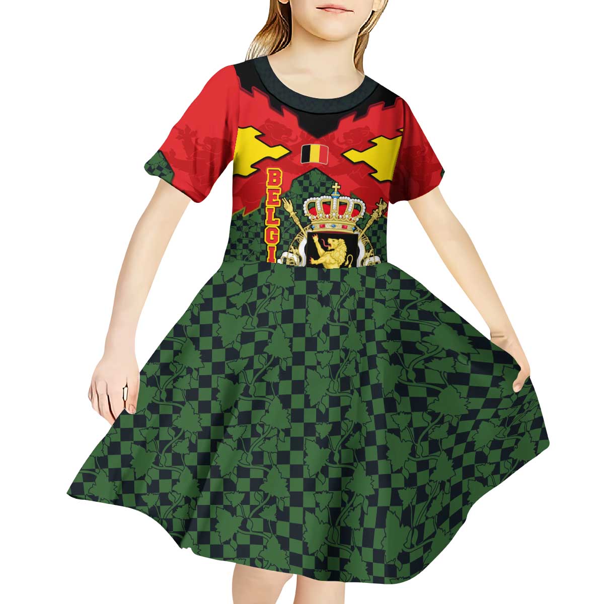 Belgium Kid Short Sleeve Dress with Royal Coat of Arms Crown Lion Red Green Checker Spirit