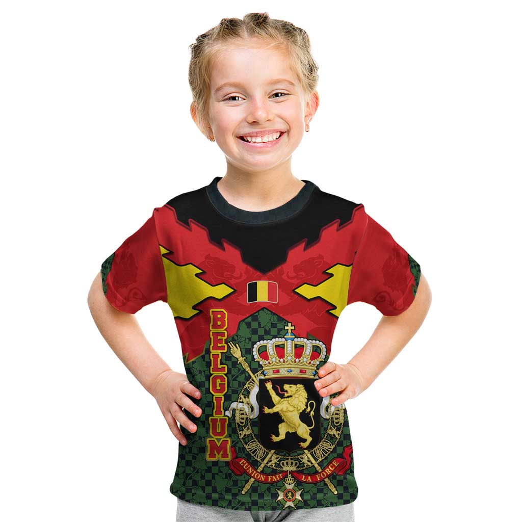Belgium Kid T Shirt with Royal Coat of Arms Crown Lion Red Green Checker Spirit