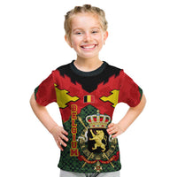 Belgium Kid T Shirt with Royal Coat of Arms Crown Lion Red Green Checker Spirit