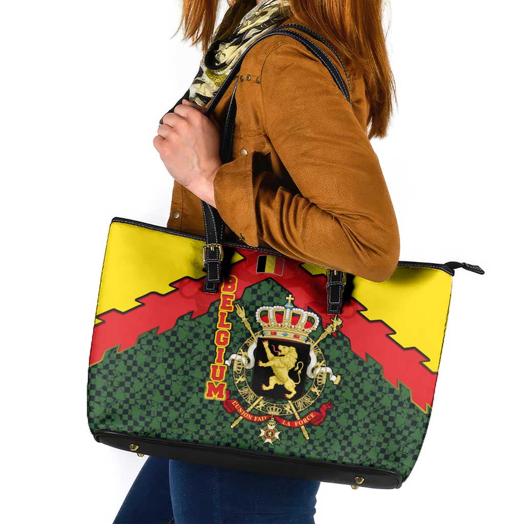 Belgium Leather Tote Bag with Royal Coat of Arms Crown Lion Red Green Checker Spirit