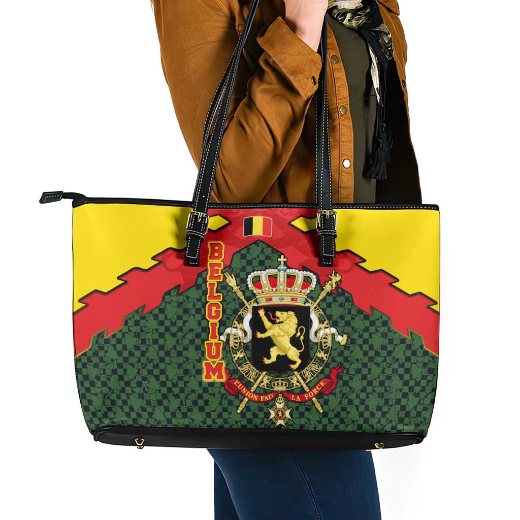 Belgium Leather Tote Bag with Royal Coat of Arms Crown Lion Red Green Checker Spirit