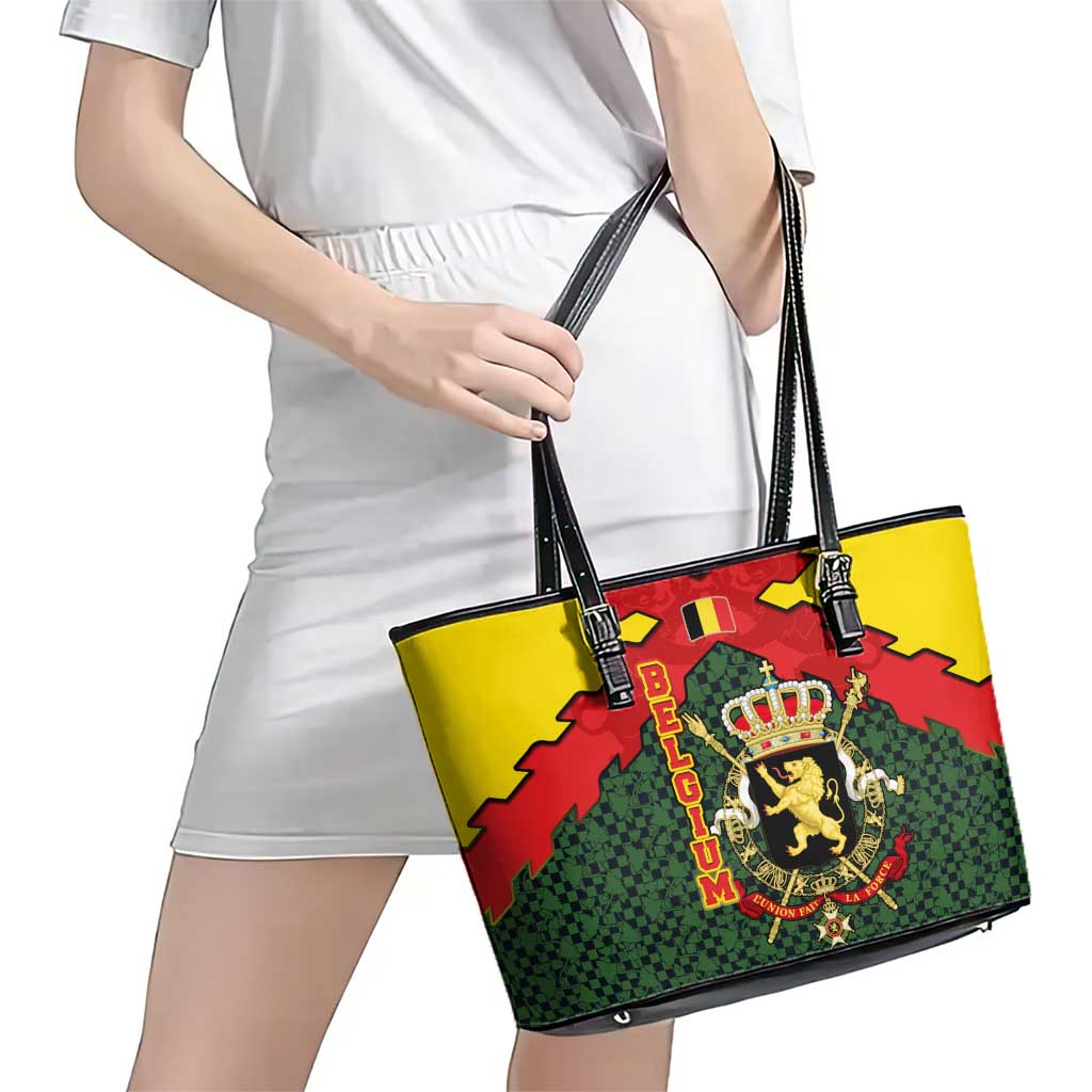 Belgium Leather Tote Bag with Royal Coat of Arms Crown Lion Red Green Checker Spirit