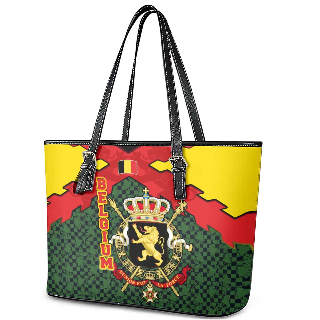 Belgium Leather Tote Bag with Royal Coat of Arms Crown Lion Red Green Checker Spirit