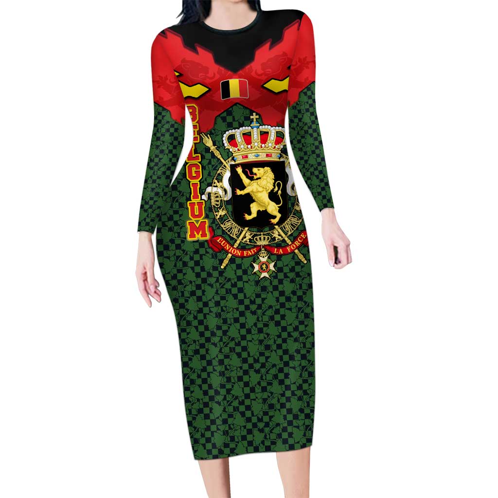 Belgium Long Sleeve Bodycon Dress with Royal Coat of Arms Crown Lion Red Green Checker Spirit
