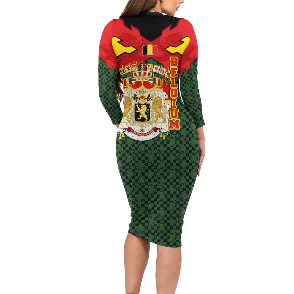 Belgium Long Sleeve Bodycon Dress with Royal Coat of Arms Crown Lion Red Green Checker Spirit
