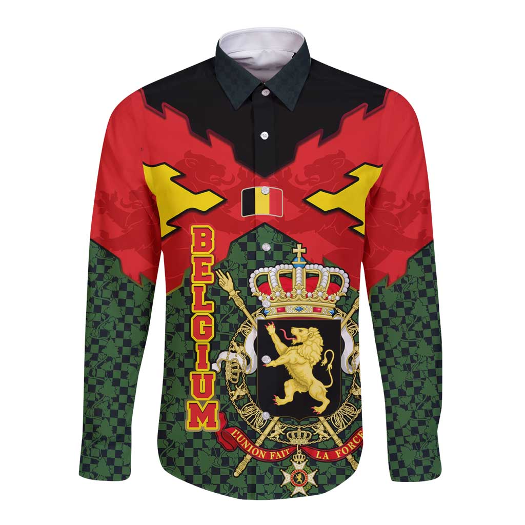 Belgium Long Sleeve Button Shirt with Royal Coat of Arms Crown Lion Red Green Checker Spirit