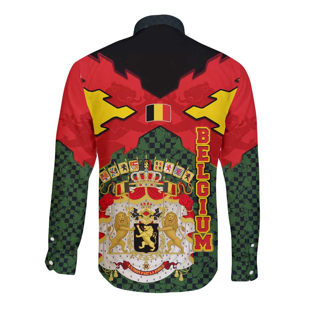 Belgium Long Sleeve Button Shirt with Royal Coat of Arms Crown Lion Red Green Checker Spirit