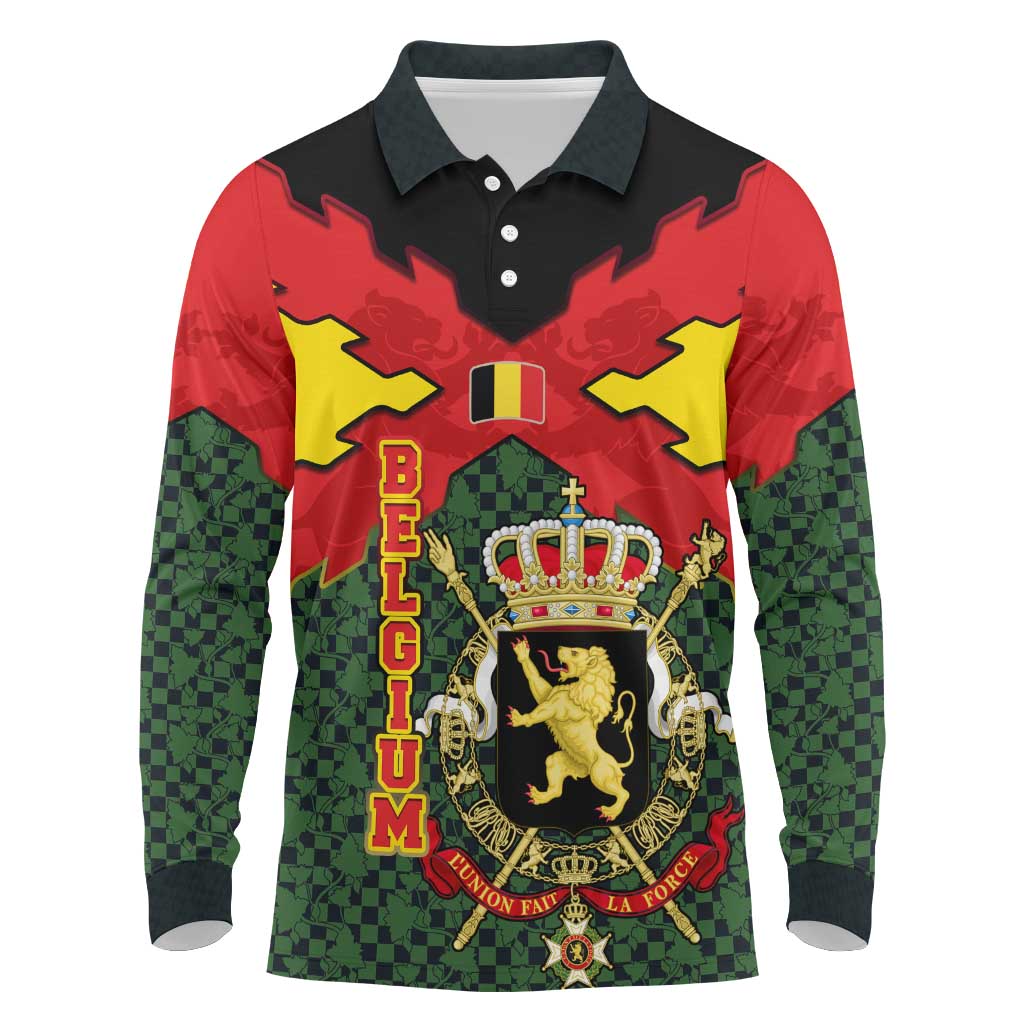 Belgium Long Sleeve Polo Shirt with Royal Coat of Arms Crown Lion Red Green Checker Spirit