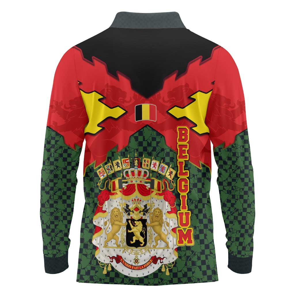 Belgium Long Sleeve Polo Shirt with Royal Coat of Arms Crown Lion Red Green Checker Spirit