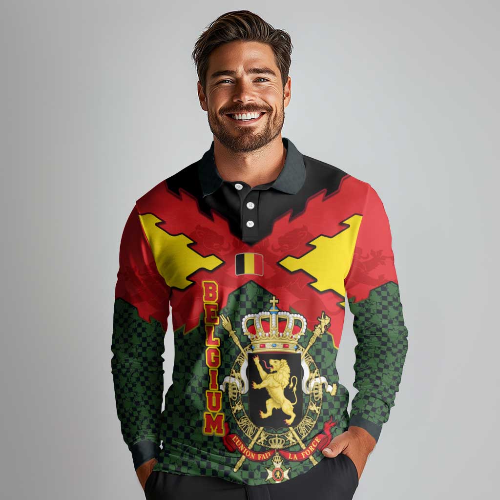 Belgium Long Sleeve Polo Shirt with Royal Coat of Arms Crown Lion Red Green Checker Spirit