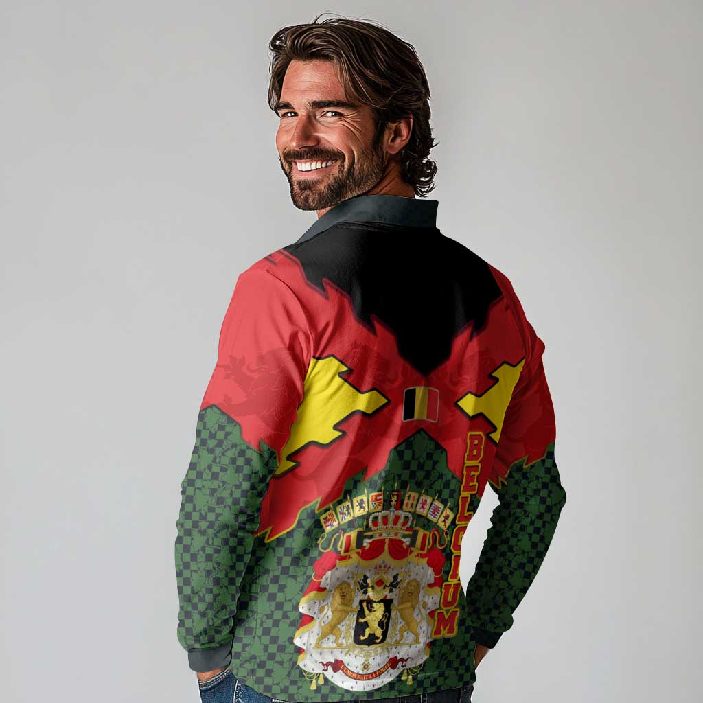 Belgium Long Sleeve Polo Shirt with Royal Coat of Arms Crown Lion Red Green Checker Spirit