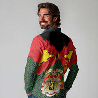 Belgium Long Sleeve Polo Shirt with Royal Coat of Arms Crown Lion Red Green Checker Spirit