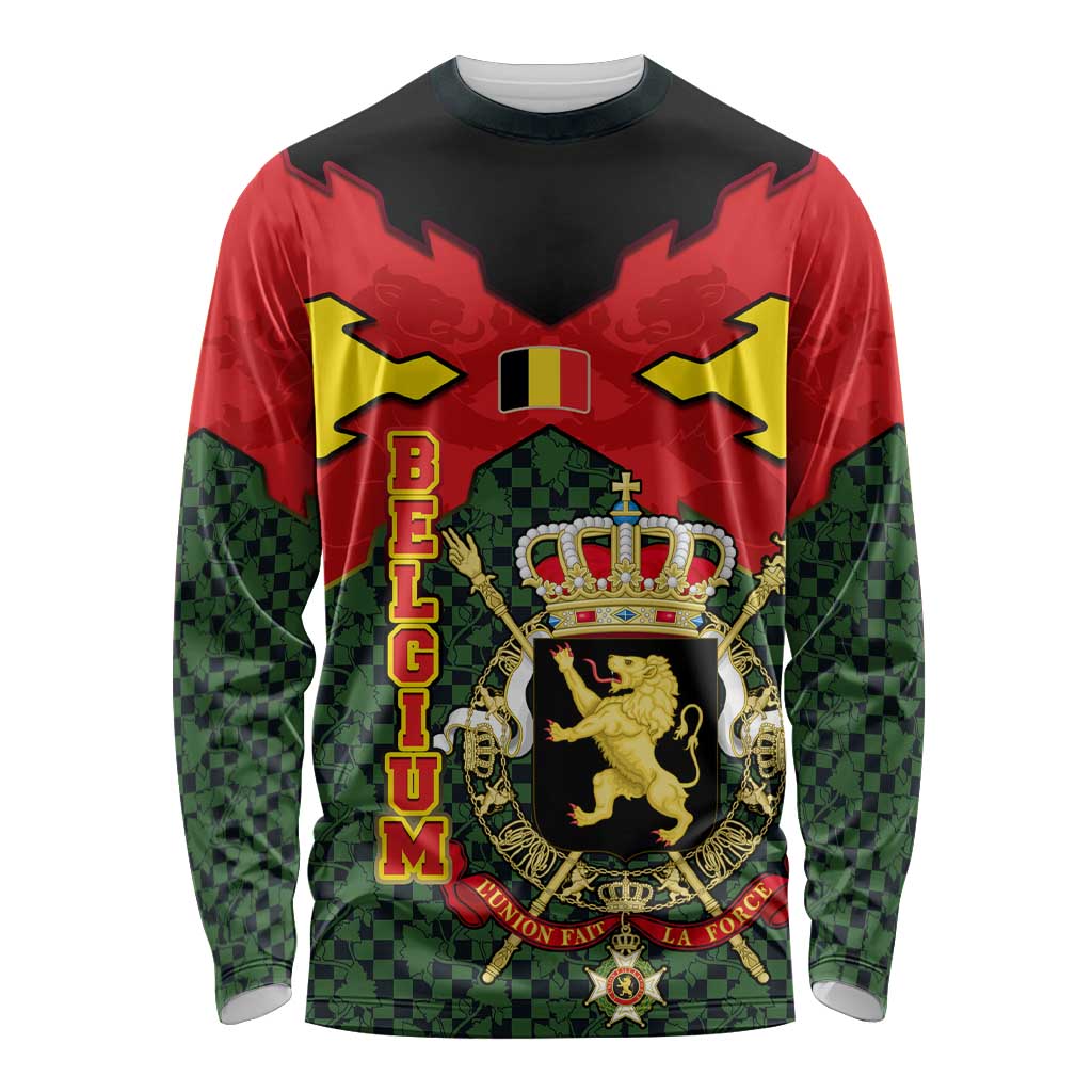 Belgium Long Sleeve Shirt with Royal Coat of Arms Crown Lion Red Green Checker Spirit