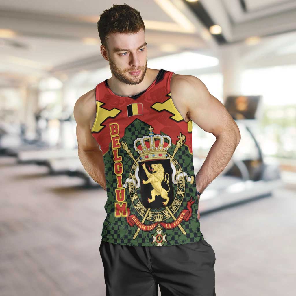 Belgium Men Tank Top with Royal Coat of Arms Crown Lion Red Green Checker Spirit