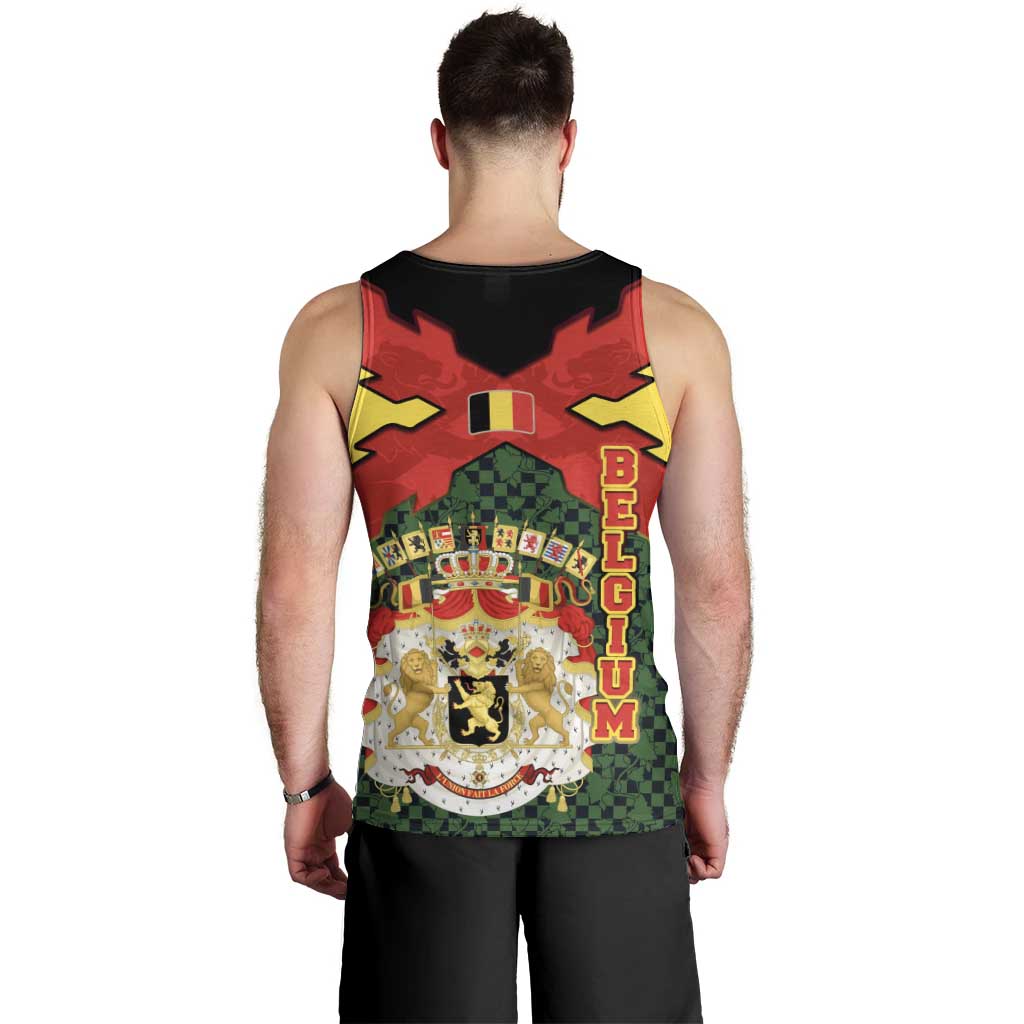 Belgium Men Tank Top with Royal Coat of Arms Crown Lion Red Green Checker Spirit