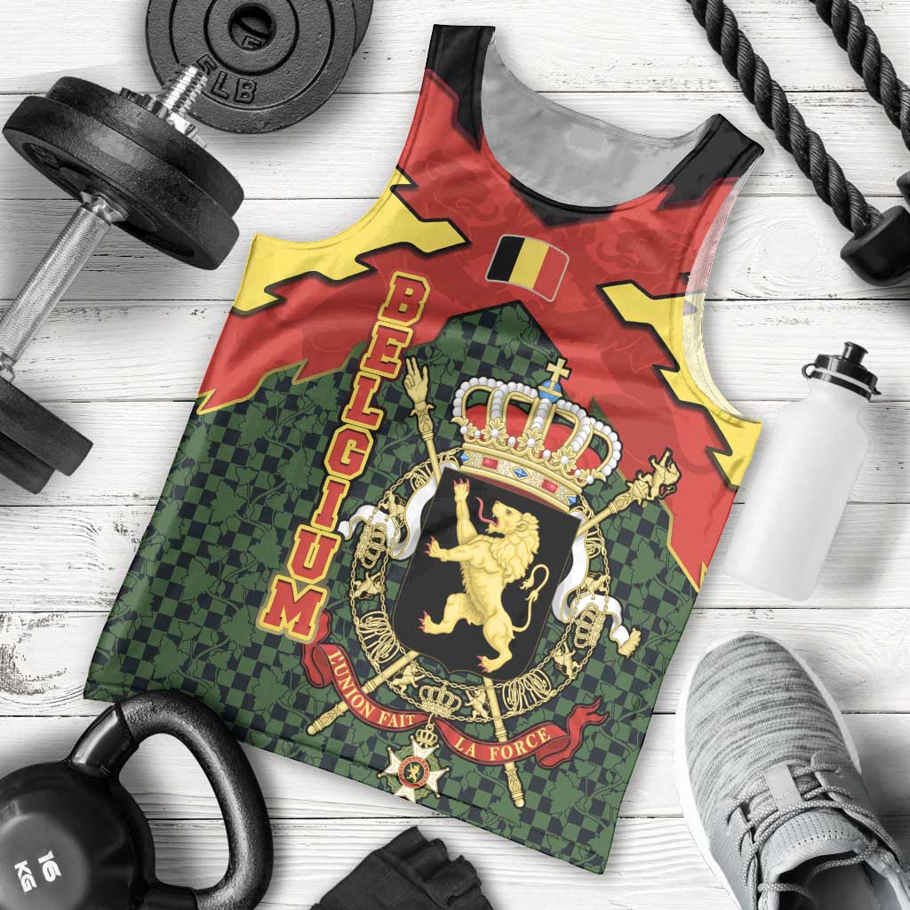 Belgium Men Tank Top with Royal Coat of Arms Crown Lion Red Green Checker Spirit