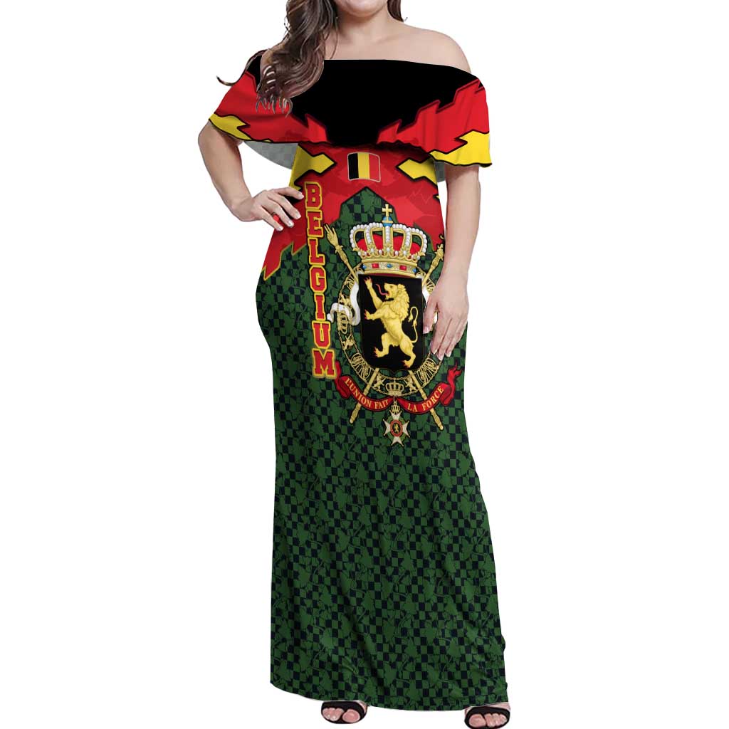 Belgium Off Shoulder Maxi Dress with Royal Coat of Arms Crown Lion Red Green Checker Spirit