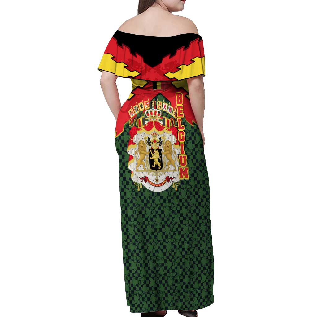 Belgium Off Shoulder Maxi Dress with Royal Coat of Arms Crown Lion Red Green Checker Spirit