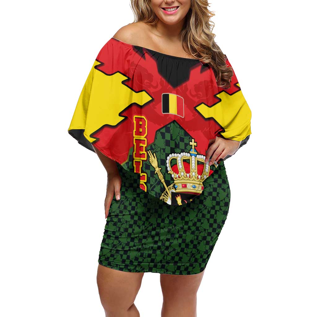 Belgium Off Shoulder Short Dress with Royal Coat of Arms Crown Lion Red Green Checker Spirit