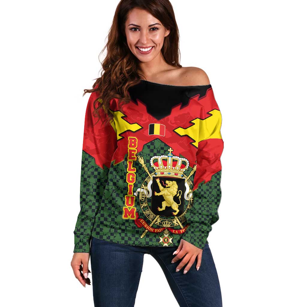 Belgium Off Shoulder Sweater with Royal Coat of Arms Crown Lion Red Green Checker Spirit