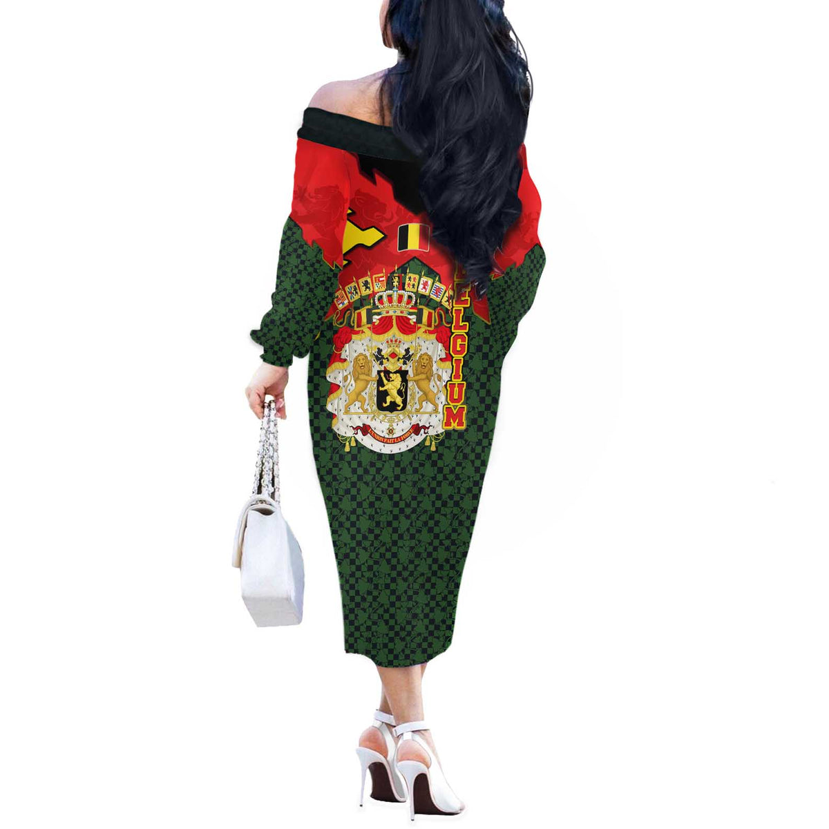 Belgium Off The Shoulder Long Sleeve Dress with Royal Coat of Arms Crown Lion Red Green Checker Spirit