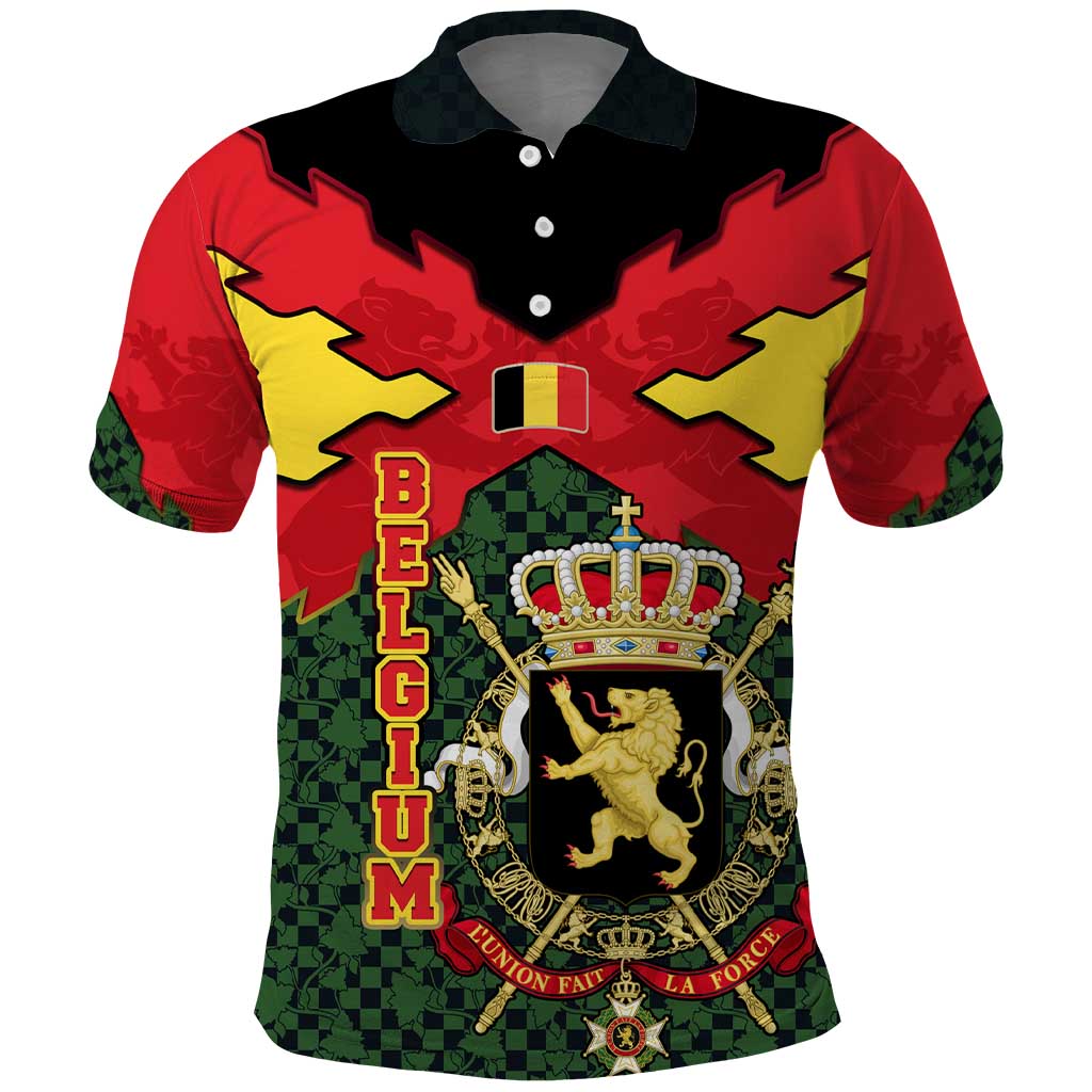 Belgium Polo Shirt with Royal Coat of Arms Crown Lion Red Green Checker Spirit