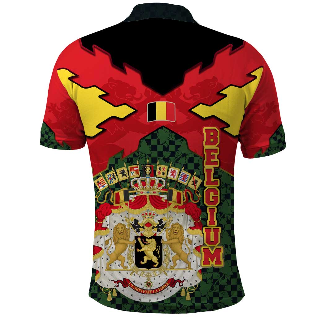 Belgium Polo Shirt with Royal Coat of Arms Crown Lion Red Green Checker Spirit