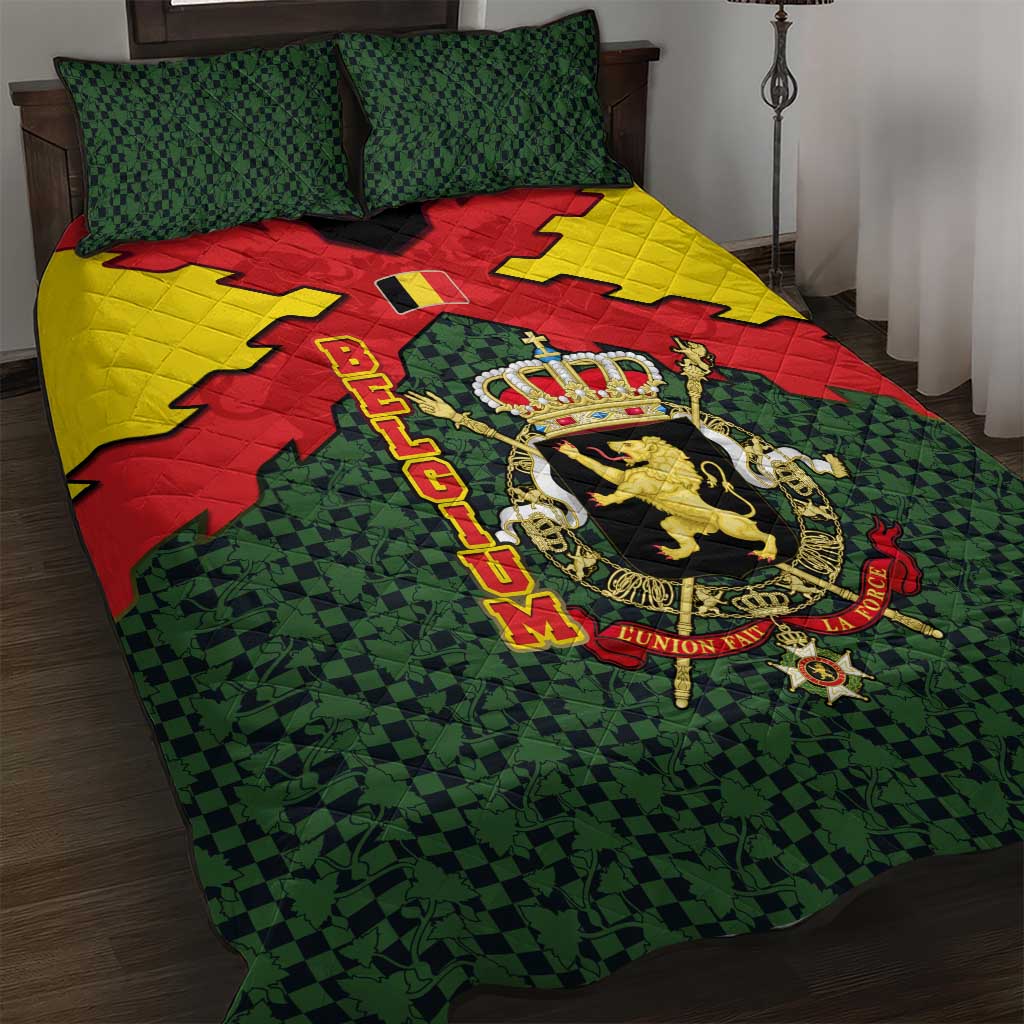 Belgium Quilt Bed Set with Royal Coat of Arms Crown Lion Red Green Checker Spirit