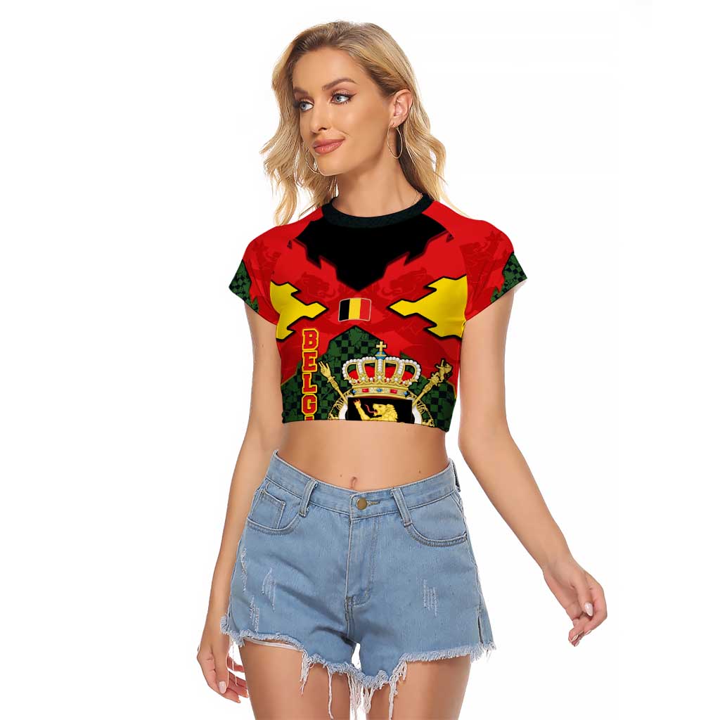 Belgium Raglan Cropped T Shirt with Royal Coat of Arms Crown Lion Red Green Checker Spirit