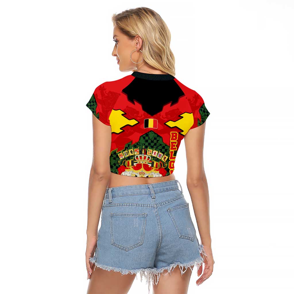 Belgium Raglan Cropped T Shirt with Royal Coat of Arms Crown Lion Red Green Checker Spirit
