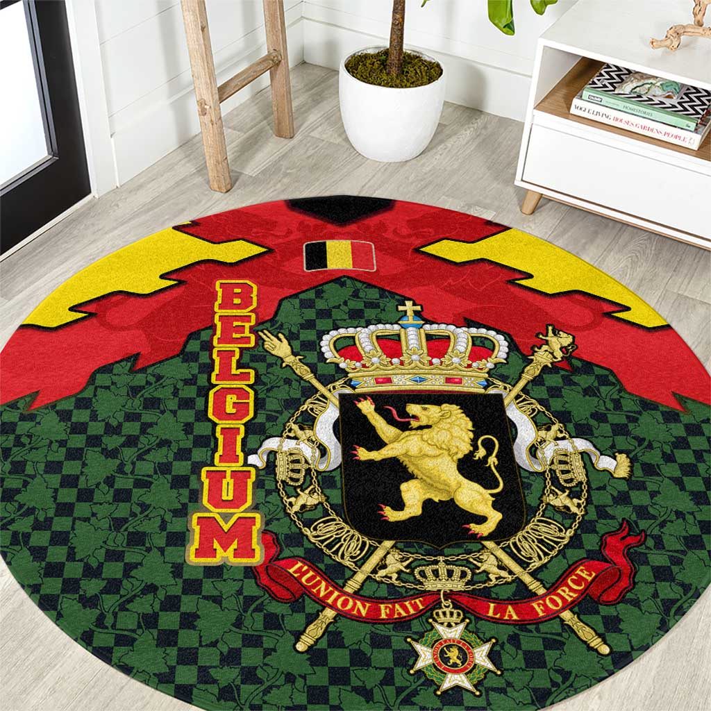 Belgium Round Carpet with Royal Coat of Arms Crown Lion Red Green Checker Spirit