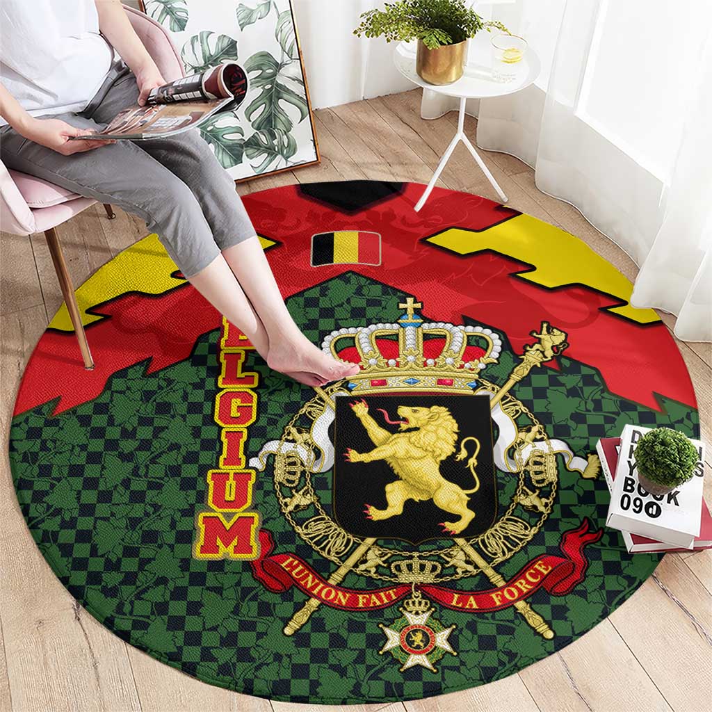 Belgium Round Carpet with Royal Coat of Arms Crown Lion Red Green Checker Spirit