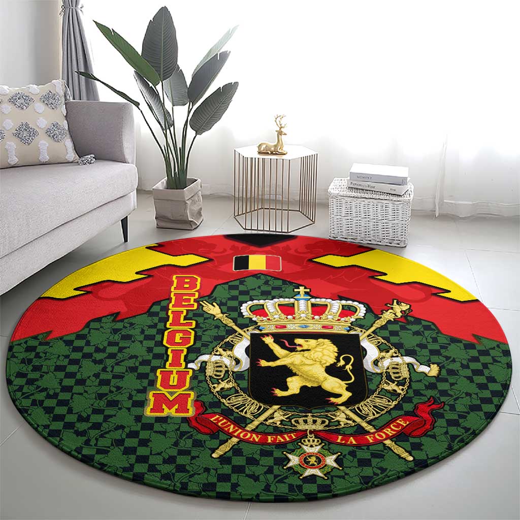 Belgium Round Carpet with Royal Coat of Arms Crown Lion Red Green Checker Spirit
